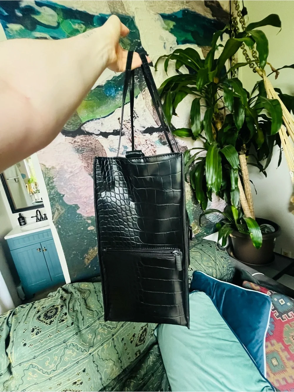 BEIS Large Black Croc-Embossed Laptop Tote